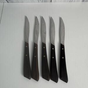 Vintage Russell Dinner Steak Knives Stainless Wooden MCM Rivets  Set of 5